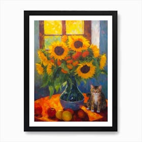 Flower Vase Sunflower With A Cat 3 Impressionism, Cezanne Style Art Print