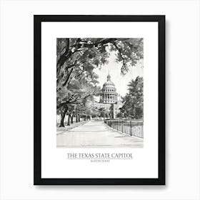 The Texas State Capitol Austin Texas Black And White Drawing 4 Poster Art Print