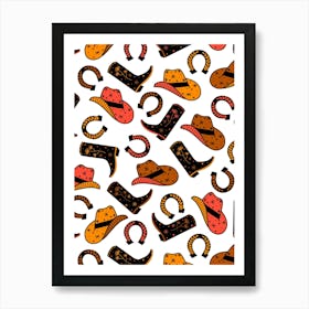 Bold Retro Western Cowboy Motifs - Brown, Black, Orange, Yellow Art Print