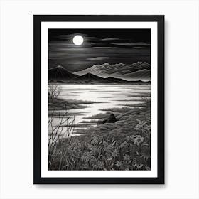 Lake Biwa In Shiga, Ukiyo E Black And White Line Art Drawing 3 Art Print