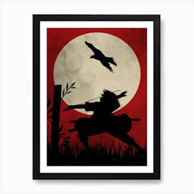 Funny Anime Japanese Silhouette Background Moon And Bird Cool Art Print