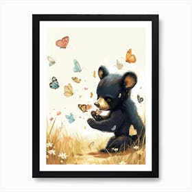American Black Bear Cub Playing With Butterflies Storybook Illustration 4 Art Print