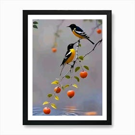 Two Birds Perched On A Branch Art Print