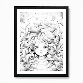 Wavy Hair Fine Line Drawing Colouring Book Style 1 Art Print