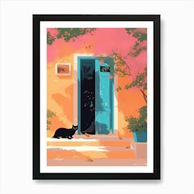 Black Cat Mediterranean Door Pink Wall Art Print