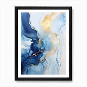 Blue, White, Gold Flow Asbtract Painting 0 Art Print