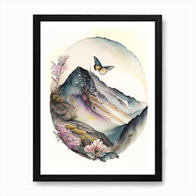 Apollo Butterfly In Mountain Landscape Watercolour Ink 1 Art Print