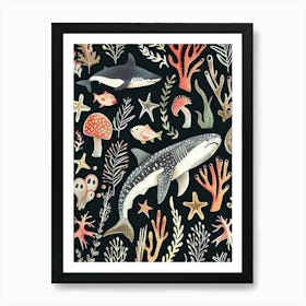 Shark Pattern Seascape Black Background Illustration 2 Art Print