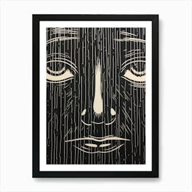 Black & White Linocut Inspired Face In The Rain 1 Art Print