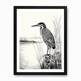 B&W Bird Linocut Green Heron 2 Art Print