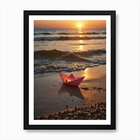 Paper Boat On The Beach At Sunset 1 Art Print