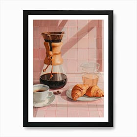 Pink Breakfast Food Chemex Coffee And Croissants 1 Art Print