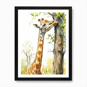 Giraffe By The Tree Watercolour 3 Art Print