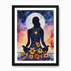 Meditative Woman In Yoga Pose - Full Moon Contemplating Serenity Calm Yogi Meditating Spiritual Grounding Heart Open Buddhist Indian Travel Guidance Wisdom Peace Love Witchy Beautiful Watercolor Woman Trees Blue Silhouette Art Print