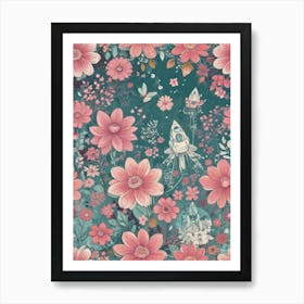 Pink Flowers And Butterflies Art Print