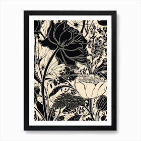 Vintage Black White Floral Pattern Art Print