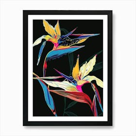 Neon Flowers On Black Bird Of Paradise 4 Art Print