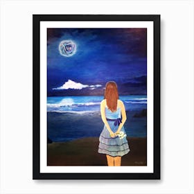 Once In A Blue Moon Girl On Beach At Night Art Print