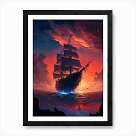 Pirate Ship At Red Sky Sunset Art Print