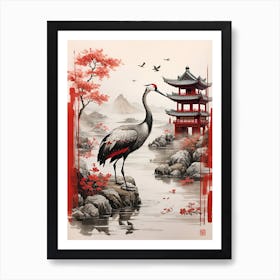Crane In A Pagoda Art Print