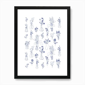 Flowers In Vases- Blue line pattern Art Print