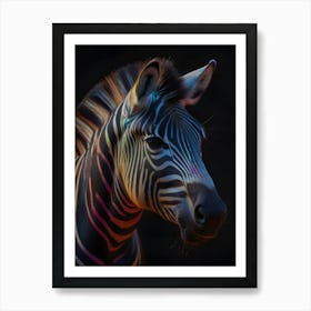 A stunning close-up of a zebra's head with vibrant, iridescent stripes illuminated in a spectrum of colors against a dark background. Art Print