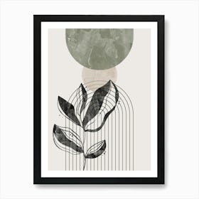 Boho Botanical Art, Sage Green, Black and Beige Mid-Century Modern, Abstract Line Art Print