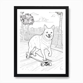 Shiba Inu Dog Skateboarding Line Art 4 Art Print