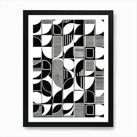 Retro Inspired Linocut Abstract Shapes Black And White Colors art, 202 Art Print