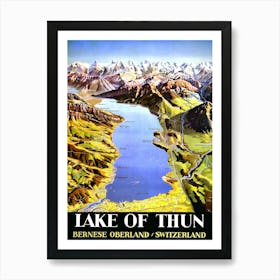 Lake Of Thun Map, Bernese Oberland, Switzerland, Travel Poster Art Print