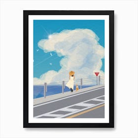 Minimal art Girl Walking On The Beach Road Art Print