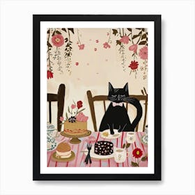 Black Cat Birthday With Cakes And Flower Painting Cat Kitchen Print Cat Lover Gift Cute Cat Print Kitchen Art Print