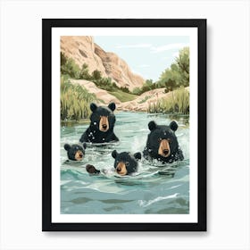 American Black Bear Family Swimming In A River Storybook Illustration 1 Art Print