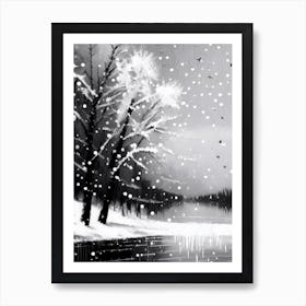 Snowflakes Falling By A Lake, Snowflakes, Black & White 1 Art Print