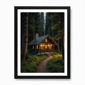 Cabin In The Woods At Night Art Print