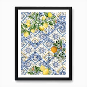 Blue azulejos tiles and citrus fruit Art Print