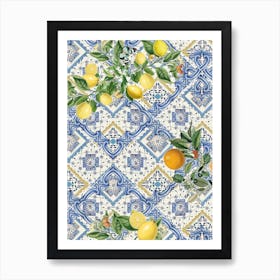 Blue azulejos tiles and citrus fruit Poster