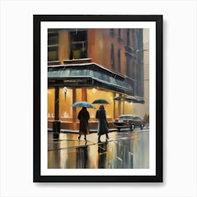 New York City, rain falling, city cafes, passing by, winter, vintage oil colors.1 Art Print