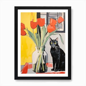 Daffodil Flower Vase And A Cat, A Painting In The Style Of Matisse 5 Art Print