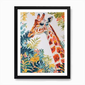 Giraffes In The Leaves Cute Illustration 1 Art Print