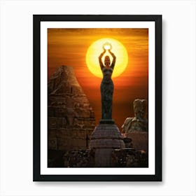 A Digital Painting Capturing The Merging Of Different Eras A Monumental Statue Of A Woman Holding T (1) Art Print