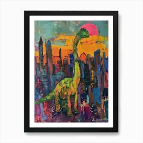 Colourful Dinosaur Cityscape Painting 7 Art Print