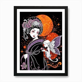 Geisha And Fairy Elf - Color Illustration Art Print