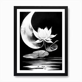 Lotus And Moon Symbol 1 Black And White Painting Art Print