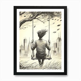 Moody Man on Swing Sketch 2 Art Print