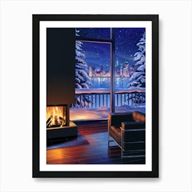 Anime Canvas Art: Cozy Cabin with Fireplace, Snowy City Skyline, and Starry Night, Perfect for Lofi Aesthetic and Winter Ambience Art Lovers. Art Print