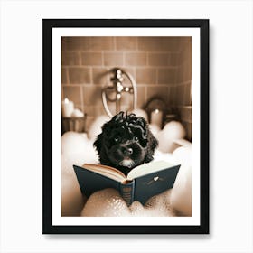 Black Cavapoo Reading in the Bath Art Print