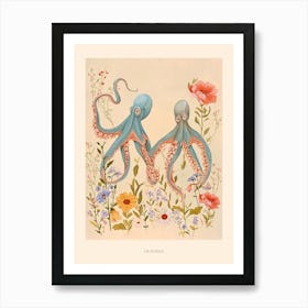 Folksy Floral Animal Drawing Octopus 4 Poster Art Print