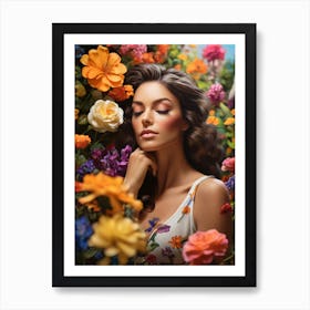 A Portrait Of A Woman Lost In Thought in a garden surrounded by flowers Art Print