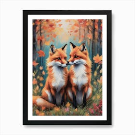 Foxes in Love in Autumn Art Print